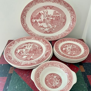 Willow Ware Royal China Pink Transfer Ware Dishes Bowl and Platter