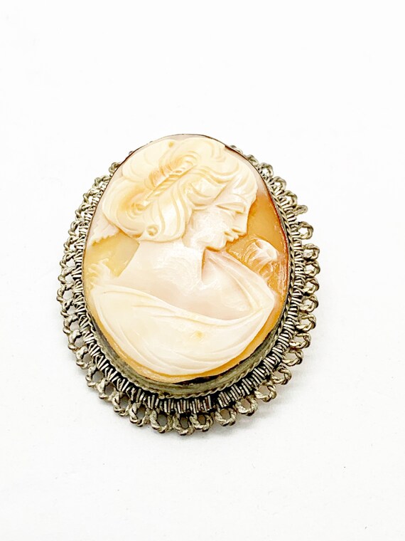 Antique Silver Carved Cameo Pendant Brooch - image 2