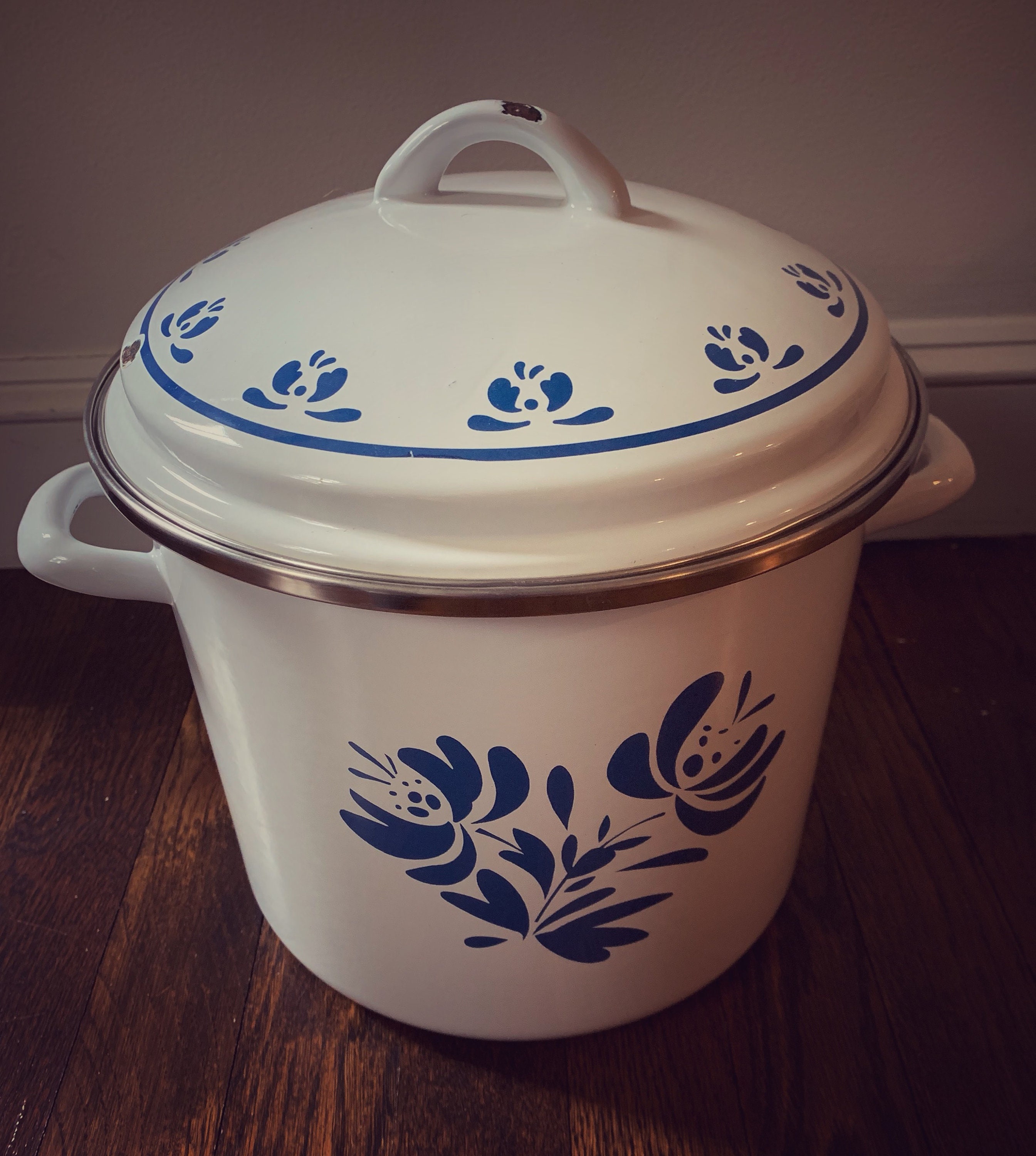 Blue White Enamelware 3 Qt Stock Pot Pan Lidded Camping Pot