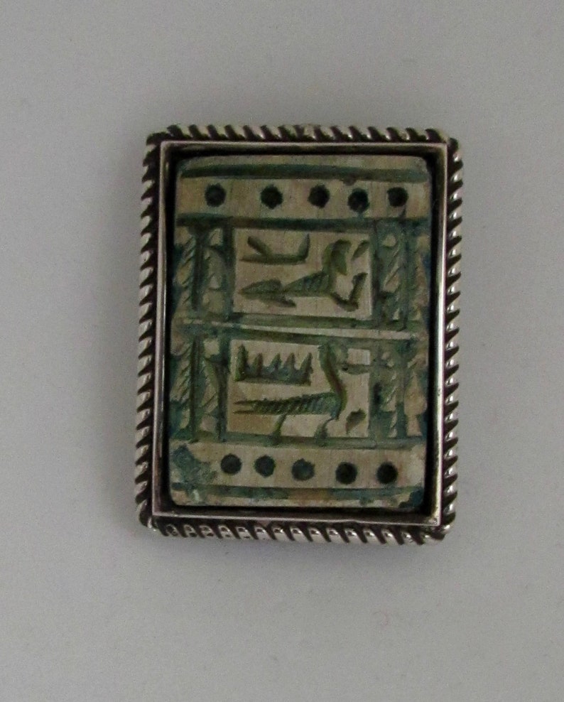 Vintage Sterling Silver Egyptian Hieroglyphics Faience Pin Brooch