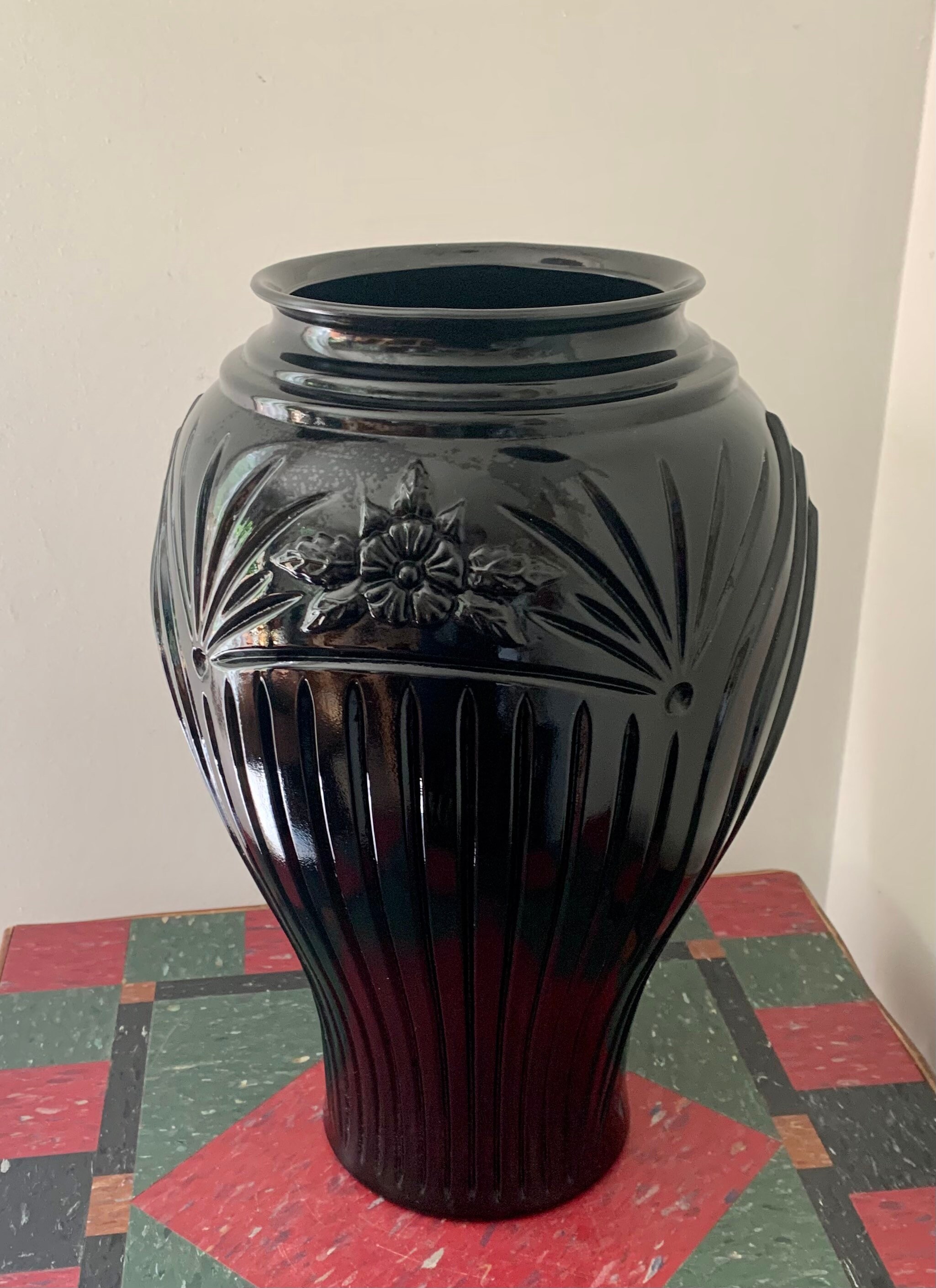 Large Art Deco Black Glass Art Glass Vase Etsy