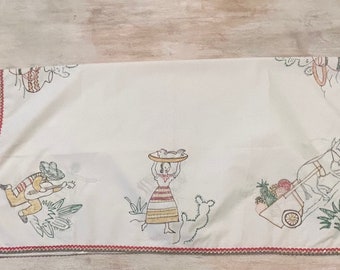 Novelty Mexico Handpainted Scene Square Tablecloth Mid Century Cactus Burros Sombrero Print