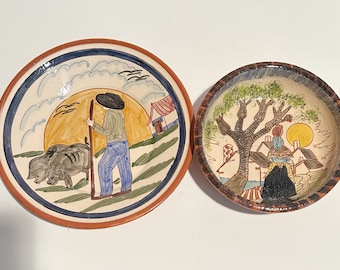 Vintage Portugal Redware Pottery Set: Hand-Painted Plate and Bowl