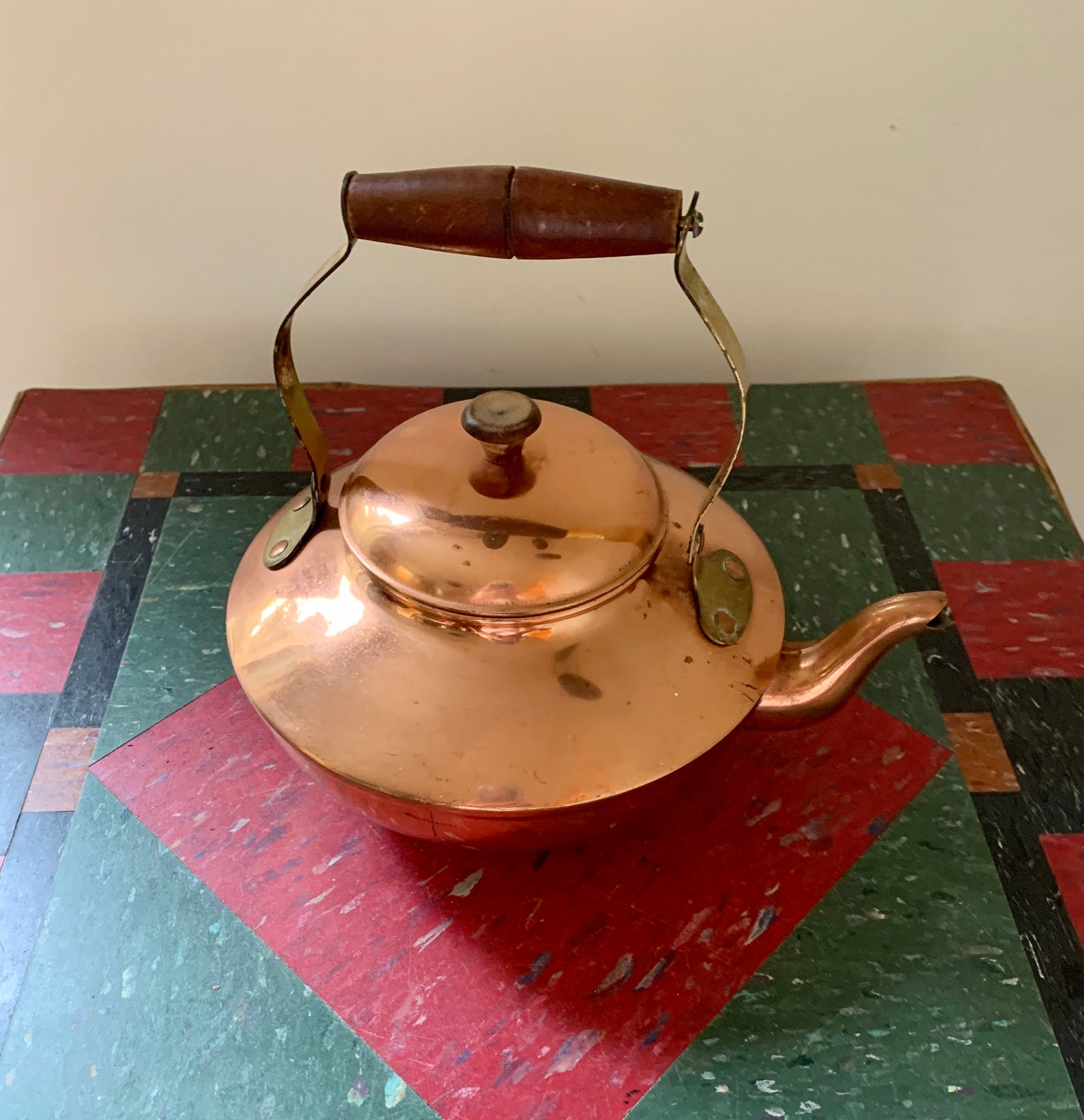 Vintage Copper Tea Kettle Wood Handle Etsy