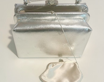 1960s Silver Metallic Box Purse Attached Satin Change Purse