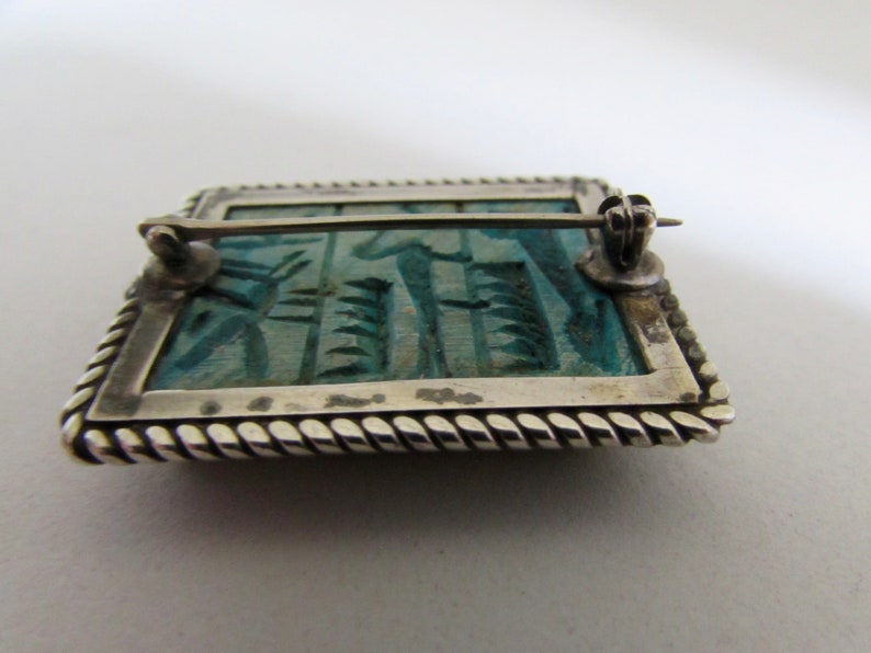 Vintage Sterling Silver Egyptian Hieroglyphics Faience Pin Brooch