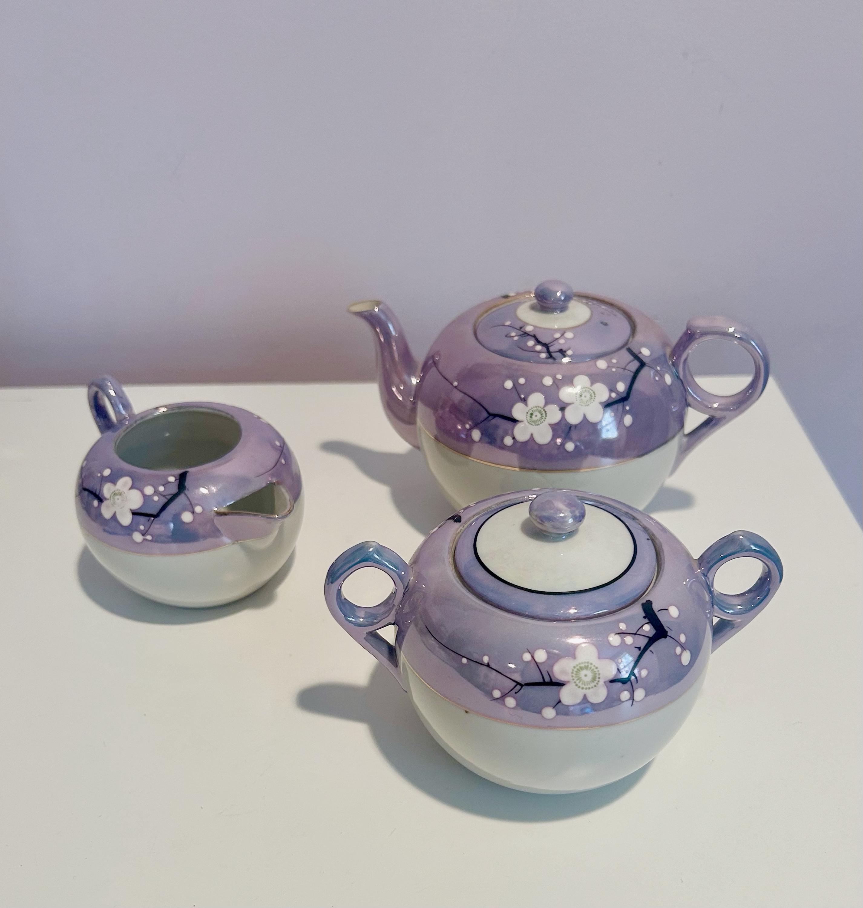 Vintage 1930's Japanese Lilac Blue Lusterware Set With Dogwood