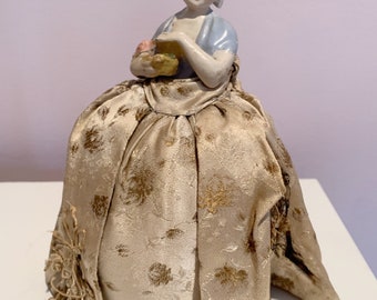 Antique Porcelain Half Doll Pin Cushion: Satin Damask Dress
