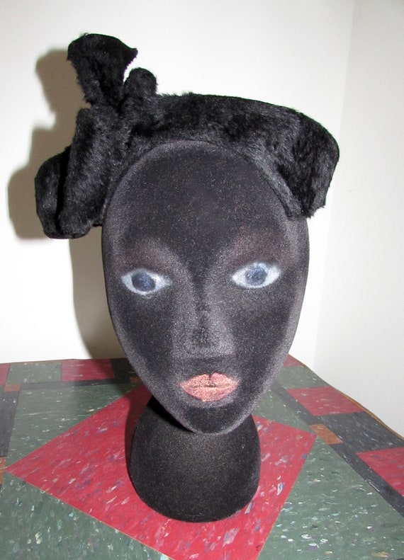 Vintage 1940s Pill Box Hat Black Felted Fur Fascin