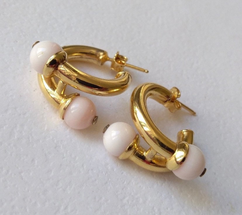 Boucles D'oreilles Anciennes En Corail Rose Peau D'ange - Plaqué Or - Style Pendantes Avec Dormeuses - Occasion