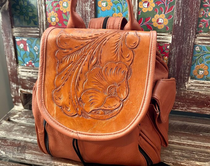 Vintage Heavily Tooled Leather Handbag, Southwestern Rockabilly Bag