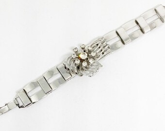 Pulsera vintage Art Déco con eslabones plateados y diamantes de imitación, estilo Hollywood Glamour