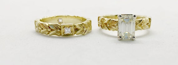Vintage 18kt Gold Emerald Cut Diamond Engagement Ring: Hand Carved Art Deco Wedding Set