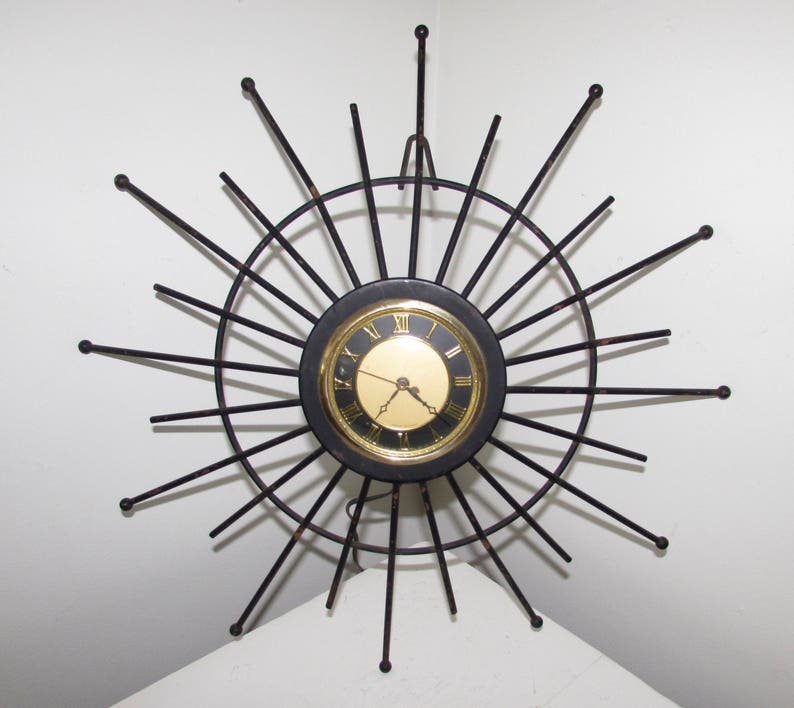 Sunburst Mid Century Modern Black Metal Spokes Clock Sputnik Etsy