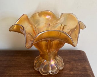 Vintage Marigold Carnival Glass Vase, Fluted Art Glass