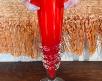 Ruffled Red Glass Flower Vase - Bohemian Art Glass