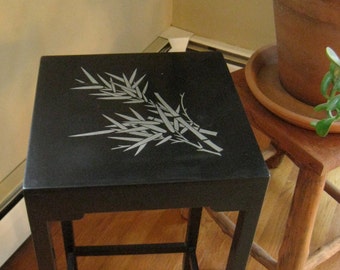 Vintage Black Lacquer Tall End Table Bamboo Design