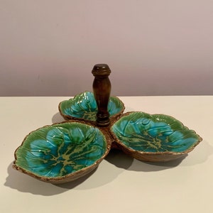 Vintage Treasurecraft Mid Century Leaf Pottery Turquoise and Green Divided Serving Dish