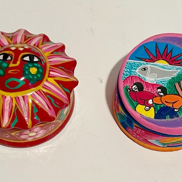 Mexican Pottery Lidded Trinket Dish Jewelry Dish Sun and Moon