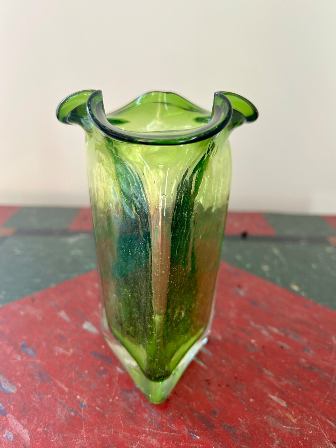 Vintage Green Glass Hand Blown Glass Ruffled Edge Vase Etsy