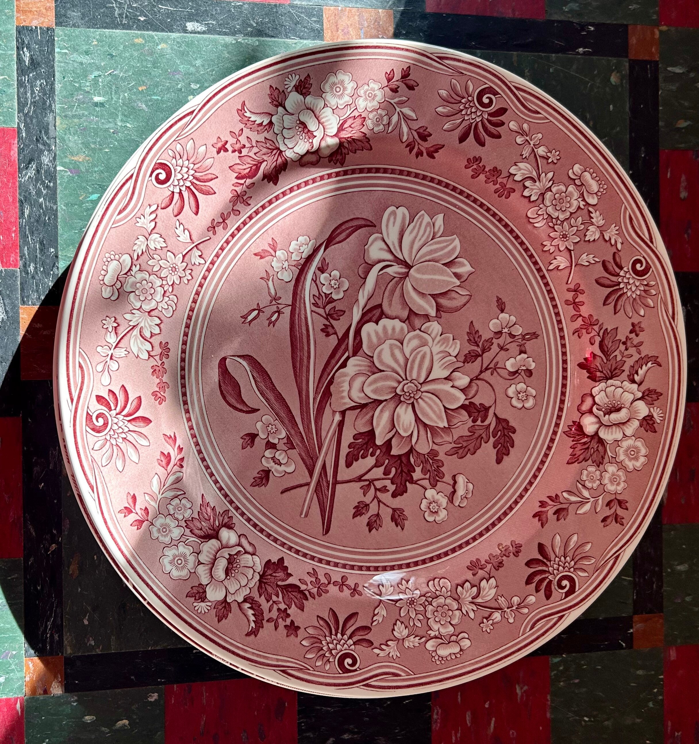 Vintage Spode Cranberry Transferware Platter: Botanical, Girl at