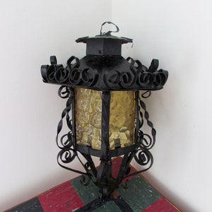 Mexican Hacienda Patio Decor Forged Iron Crackle Caged Glass Hanging Lantern, Moorish Gothic Revival Light Fixture, Rustic Southwest