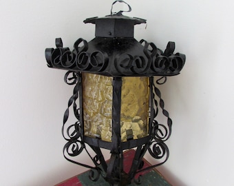 Vintage Forged Iron Hanging Lantern: Crackle Glass, Rustic Southwest Decor