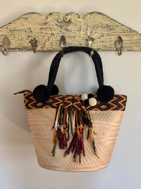 Straw Tote Bag Columbian Waayu Straw Beach Bag Pom