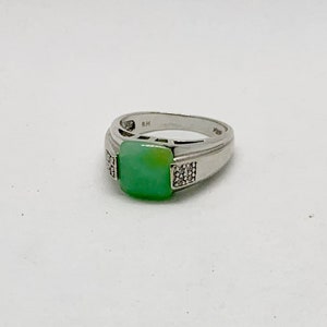 14kt White Gold Green Jadeite and Diamond Saddle Ring Solid 14K White Gold Green Jade and Sparkling Diamond Ring for Men and Women