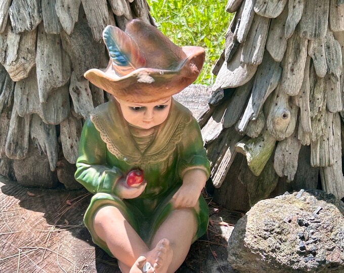 Vintage Chalkware Garden Statue Alpine Boy With Apple - Etsy
