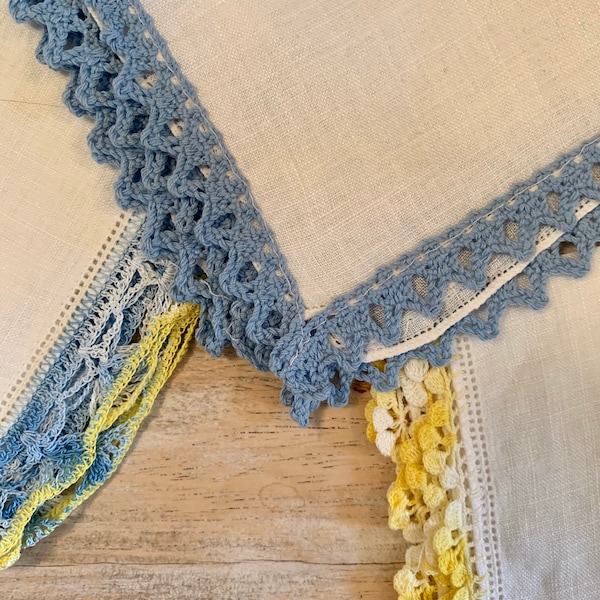 Vintage Irish Linen Hankies, Crocheted Lace Edge Hankies Blues and Yellow Colored Edge