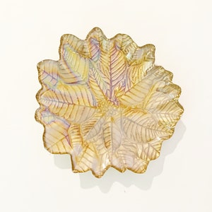 Vintage Glass Leaf Shaped Carnival Glass Ruffled Dish Harvest Gold