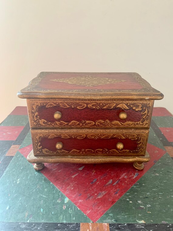 Vintage Florentine Wood Jewelry Chest Gem