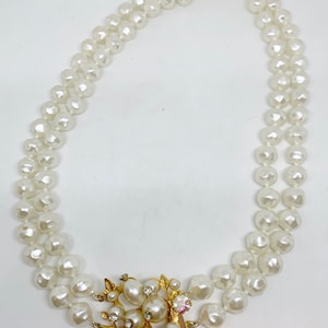 Ivory Pearl Necklace Rhinestone Clasp Double Strand Pearl Necklace