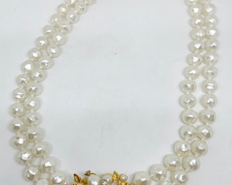 Ivory Pearl Necklace Rhinestone Clasp Double Strand Pearl Necklace