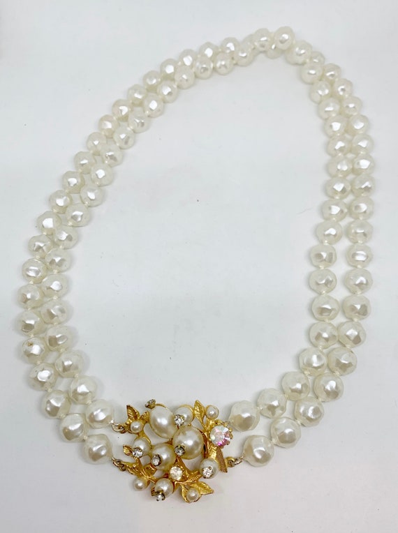 Ivory Pearl Necklace Rhinestone Clasp Double Stran