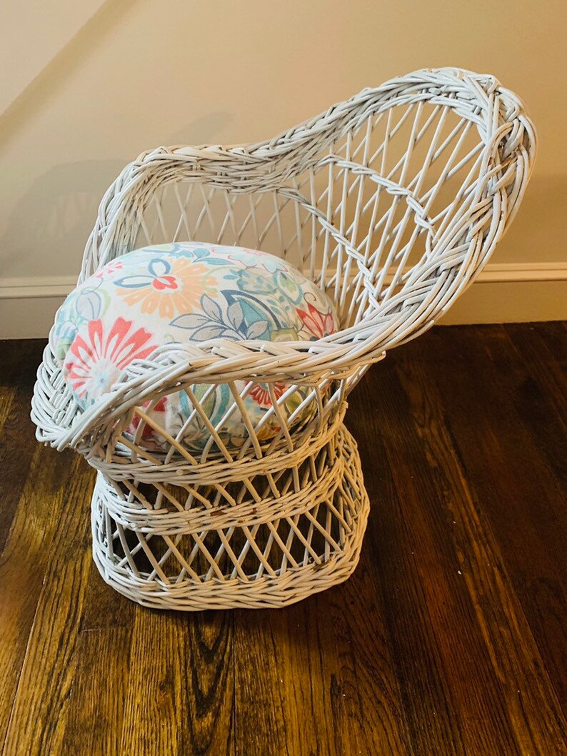 Vintage Childrens White Wicker Basket Chair with Cushion Etsy