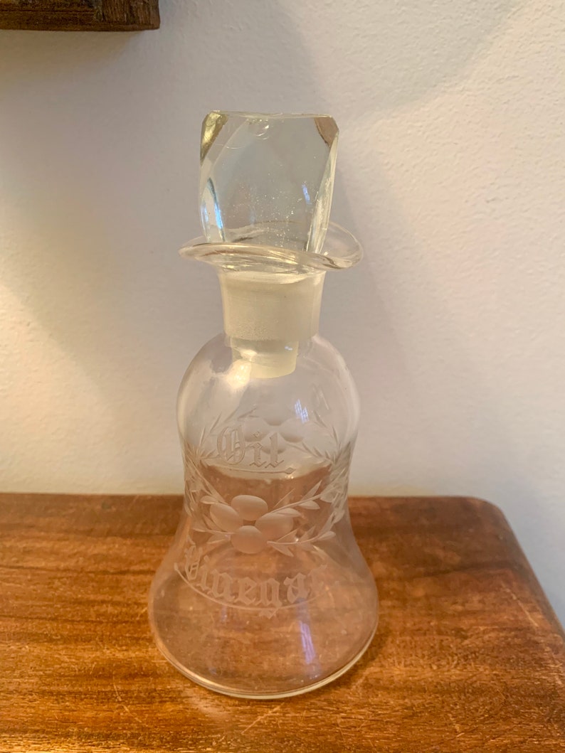 Vintage Oil and Vinegar Cruet Ground Stopper Etched Glass Etsy