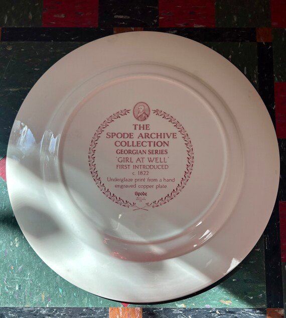 Vintage Spode Cranberry Transferware Platter: Botanical, Girl at