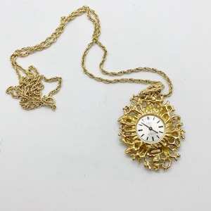 Vintage Swiss Ladies Watch Necklace Mid Century Modern Gold Chain Necklace