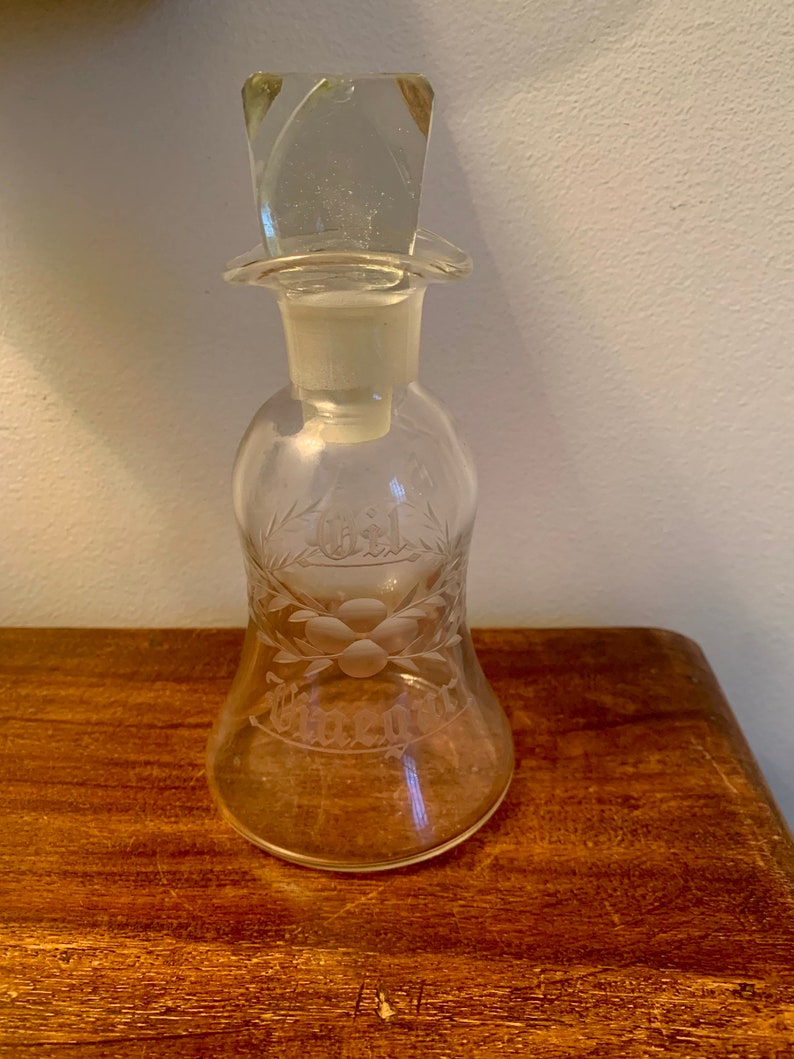 Vintage Oil and Vinegar Cruet Ground Stopper Etched Glass Etsy