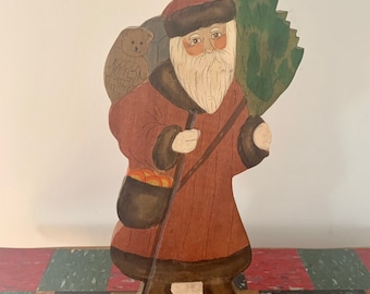 Hand Painted Folk Art Wood Santa - Rustic Christmas Decor