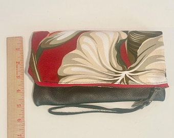 Vaalbara Handmade Barkcloth Fabric and Leather Clutch Wristlet