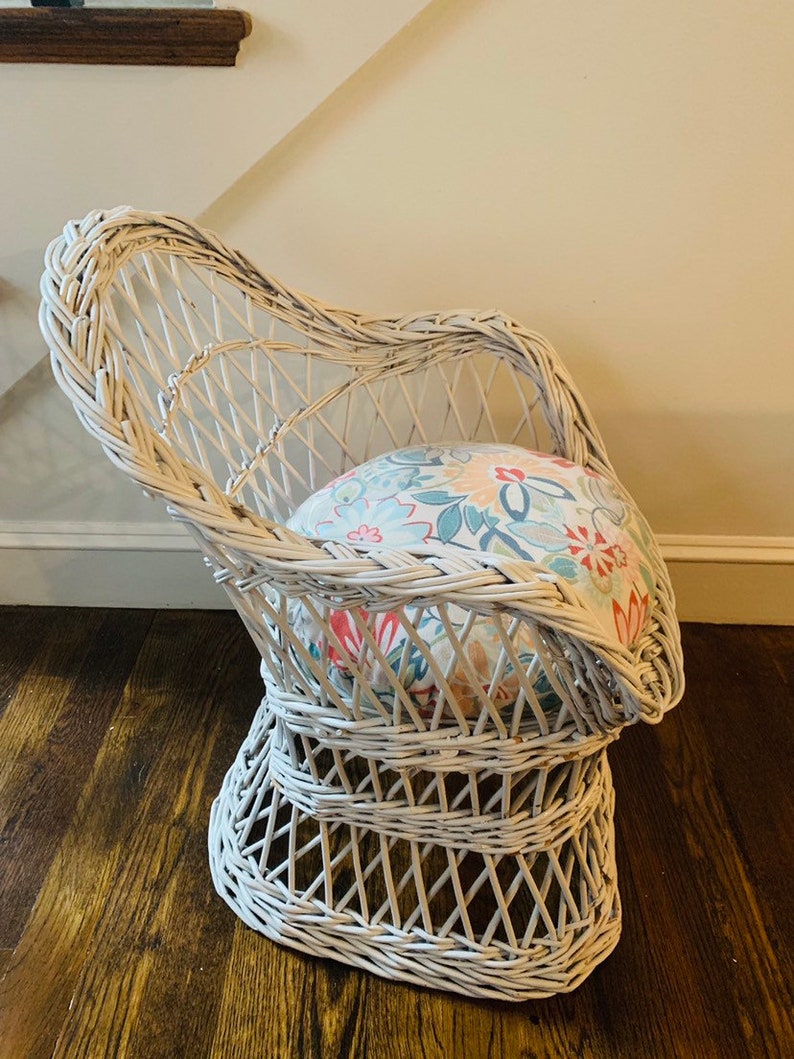 Vintage Childrens White Wicker Basket Chair with Cushion Etsy
