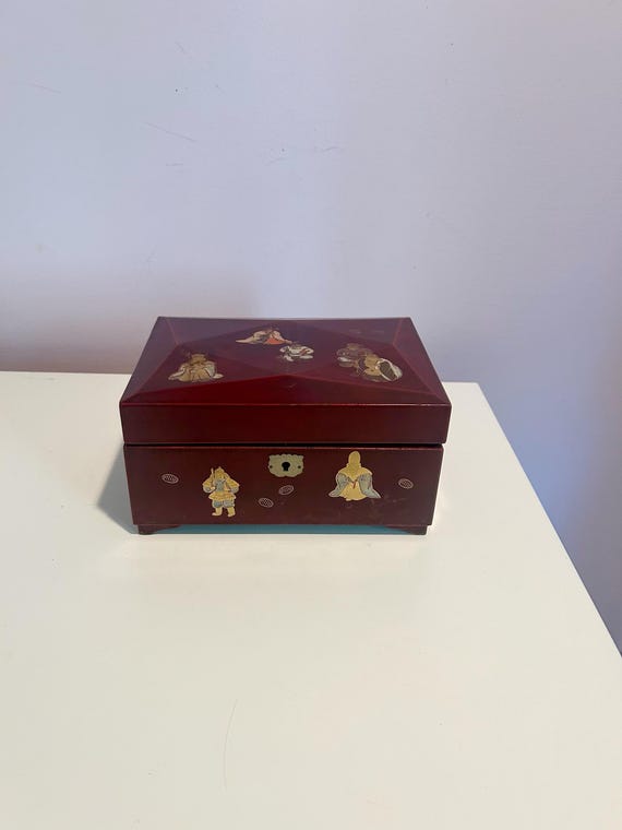 Lacquer Box Asian Burgundy Lacquer Japan Sitting Buddhas