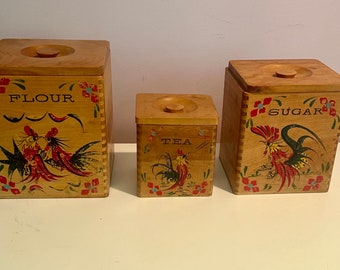 Vintage Wooden Kitchen Canister Set: Rooster & Chicken Motif