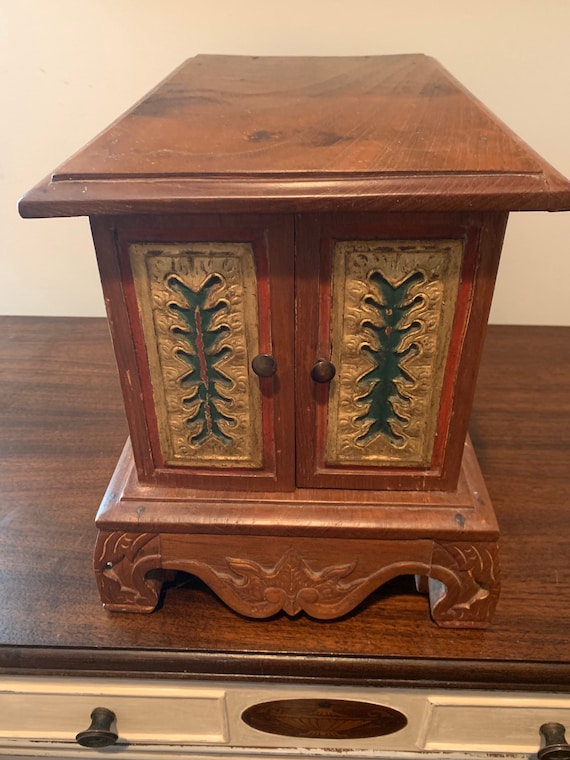 Vintage Ornate Carved Wood Jewelry Chest: Small 3-Drawer Storage