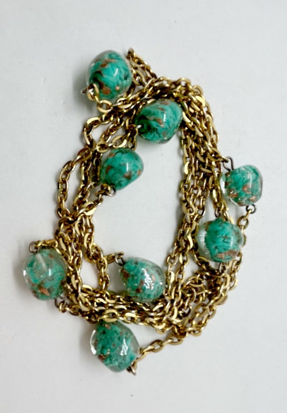 Murano Glass Necklace, Aqua/Gold Marbled, Gold Fi… - image 3