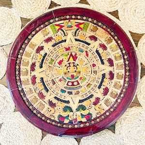 Vintage Mayan Aztec Sunstone Calendar Wood Mosaic Art