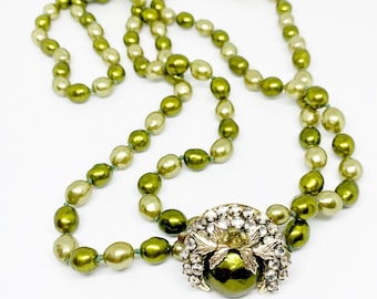 Double Strand Green Pearl Necklace Rhinestone Clasp